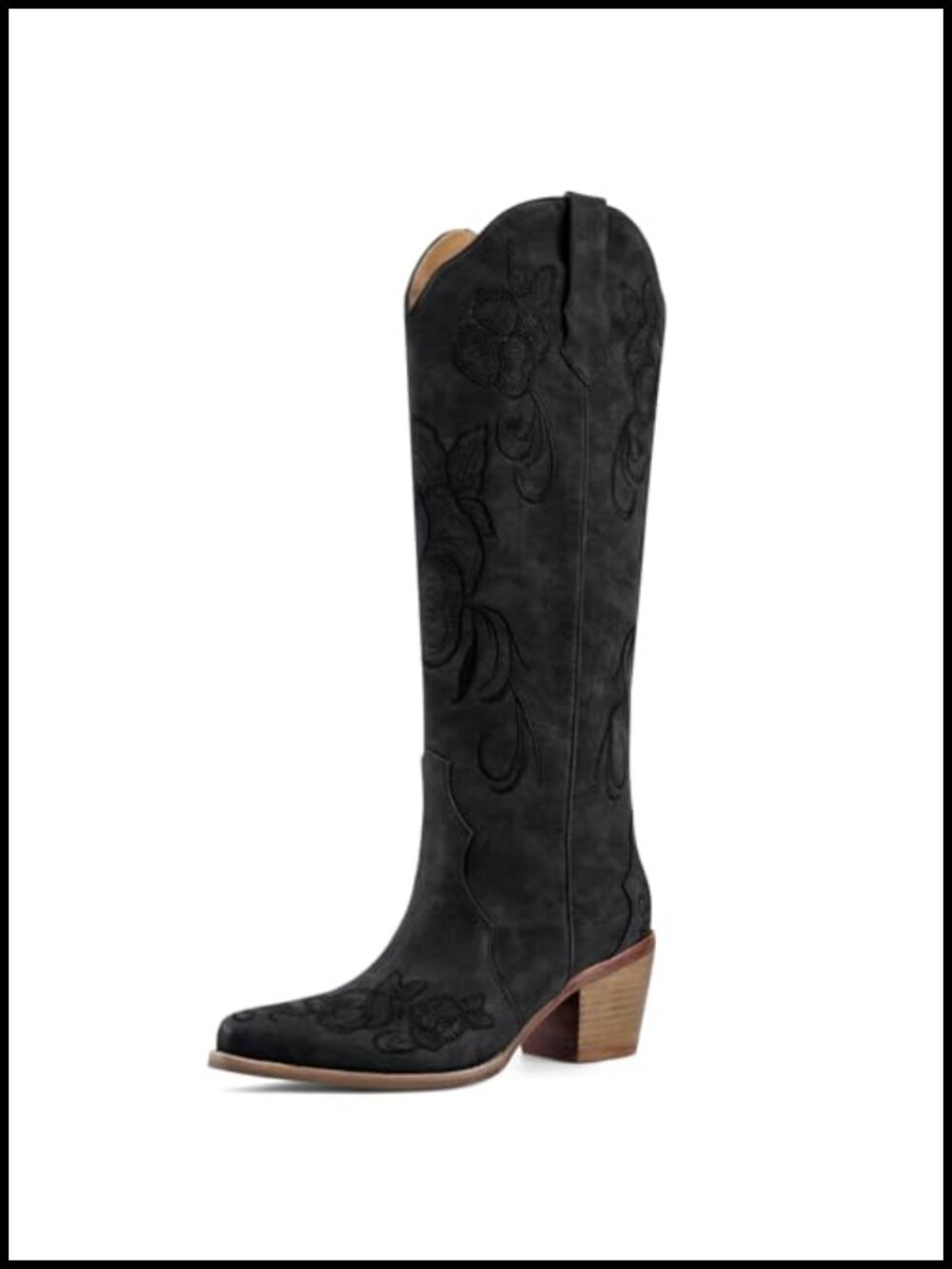 Knee High Cowboy Boots Snip Toe Floral Embroidered Chunky Heel Faux Suede Faux